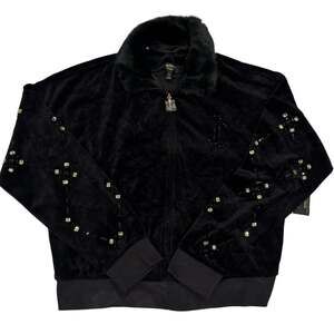 Juicy Couture Black Label Westwood Gem Grid Velour Jacket Women's XL Black Y2K